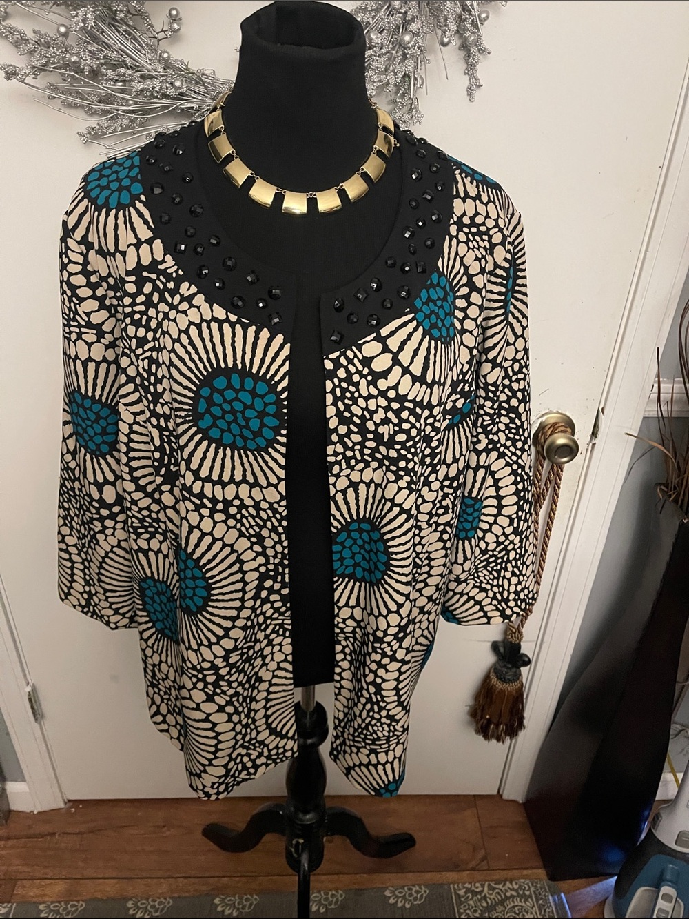 Beige and Teal Patterned Women’s Embellished Cardigan Sweater